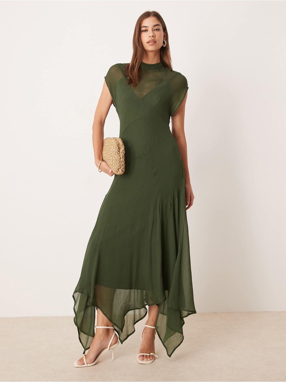 ASOS Olive Green Sheer Handkerchief-Hem Wedding Dress